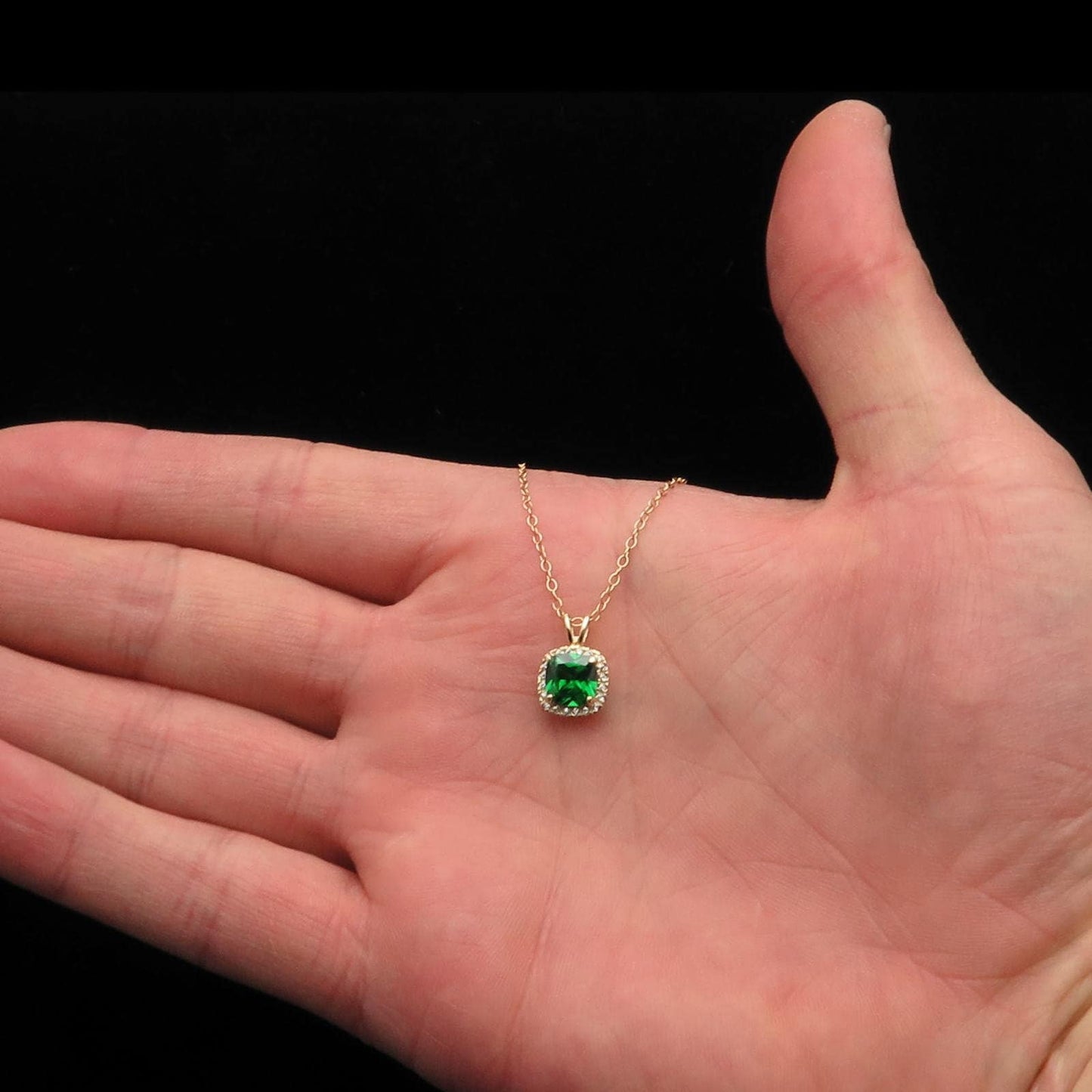 1.50CT Cushion Green Emerald Halo Created Diamond Pendant Solid 14k Yellow Gold