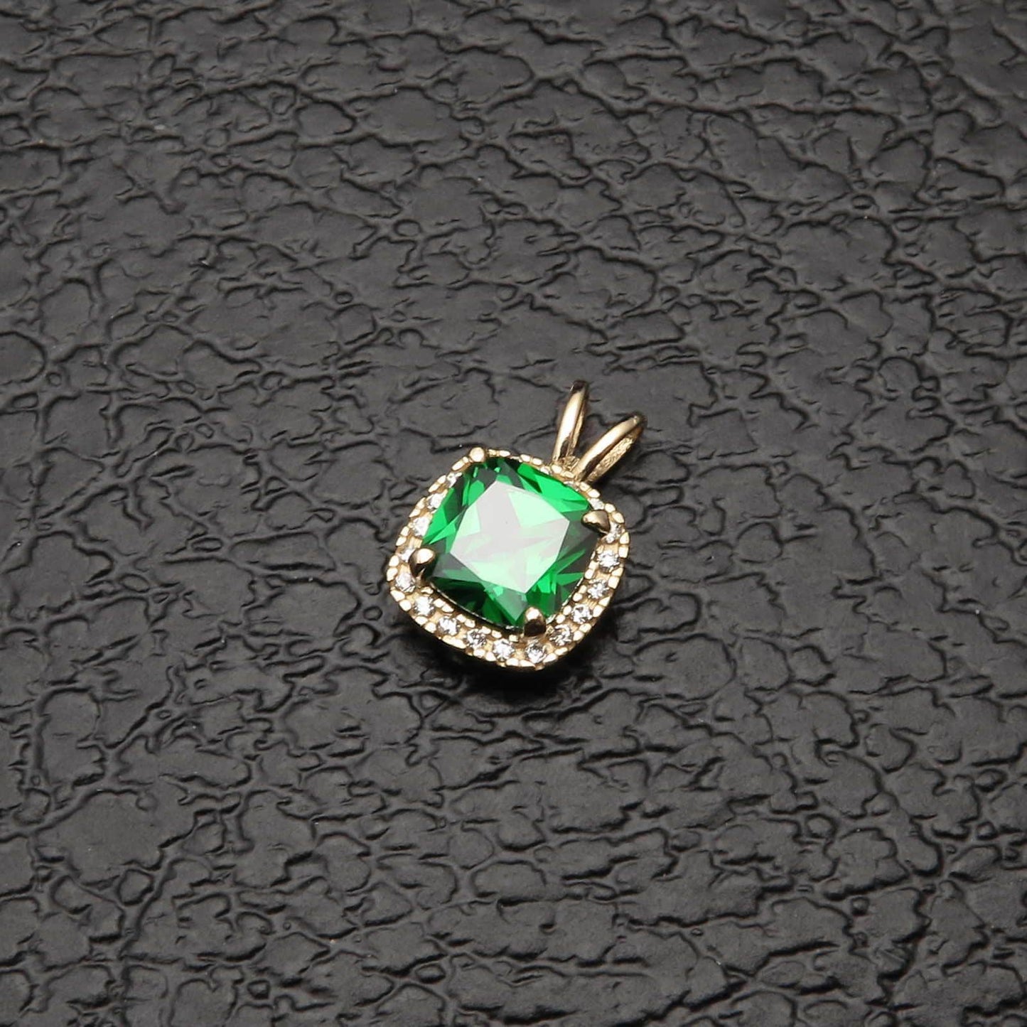 1.50CT Cushion Green Emerald Halo Created Diamond Pendant Solid 14k Yellow Gold