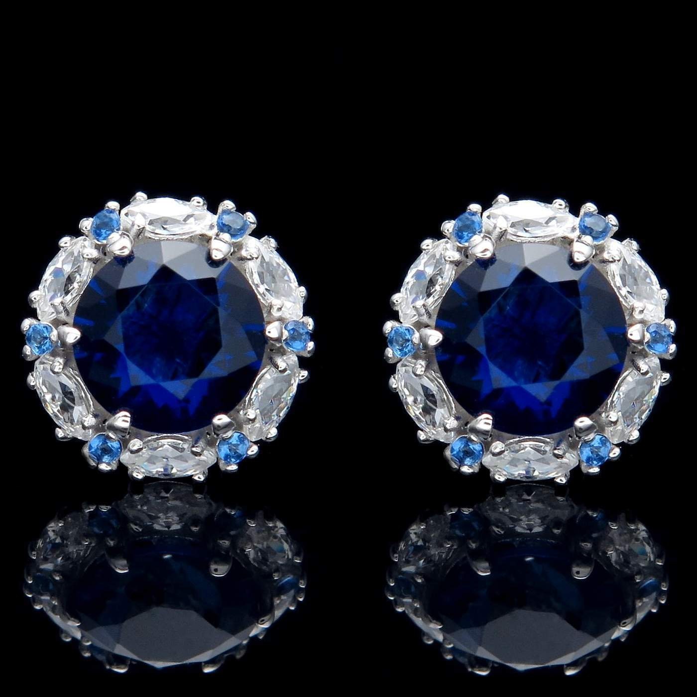 Marquise Halo Stud Earrings 2.00 CT Blue Sapphire Created Diamond 14k Yellow gold, 14k White Gold