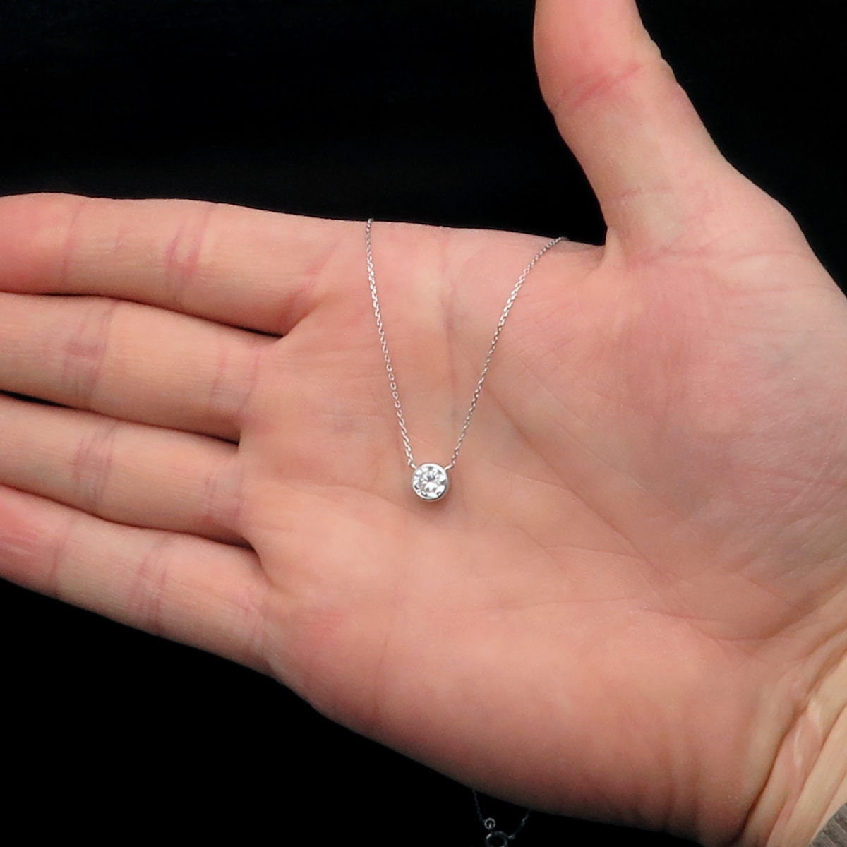 Bezel Necklace 1.00ct Brilliant Created Diamond 16" + 2" Chain Solid 14k Yellow Gold/ 14k While Gold 14K Rose Gold / Pendant Set
