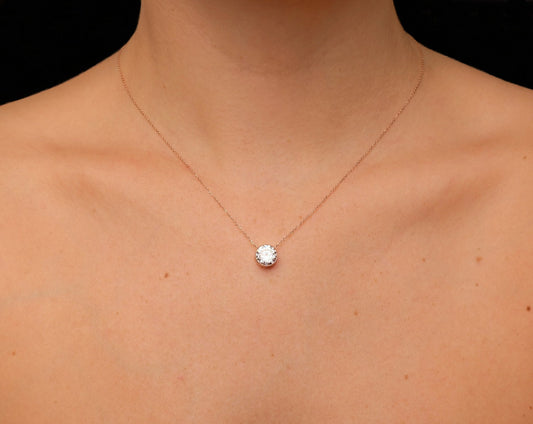 Bezel Necklace 1.00ct Brilliant Created Diamond 16" + 2" Chain Solid 14k Yellow Gold/ 14k While Gold 14K Rose Gold / Pendant Set