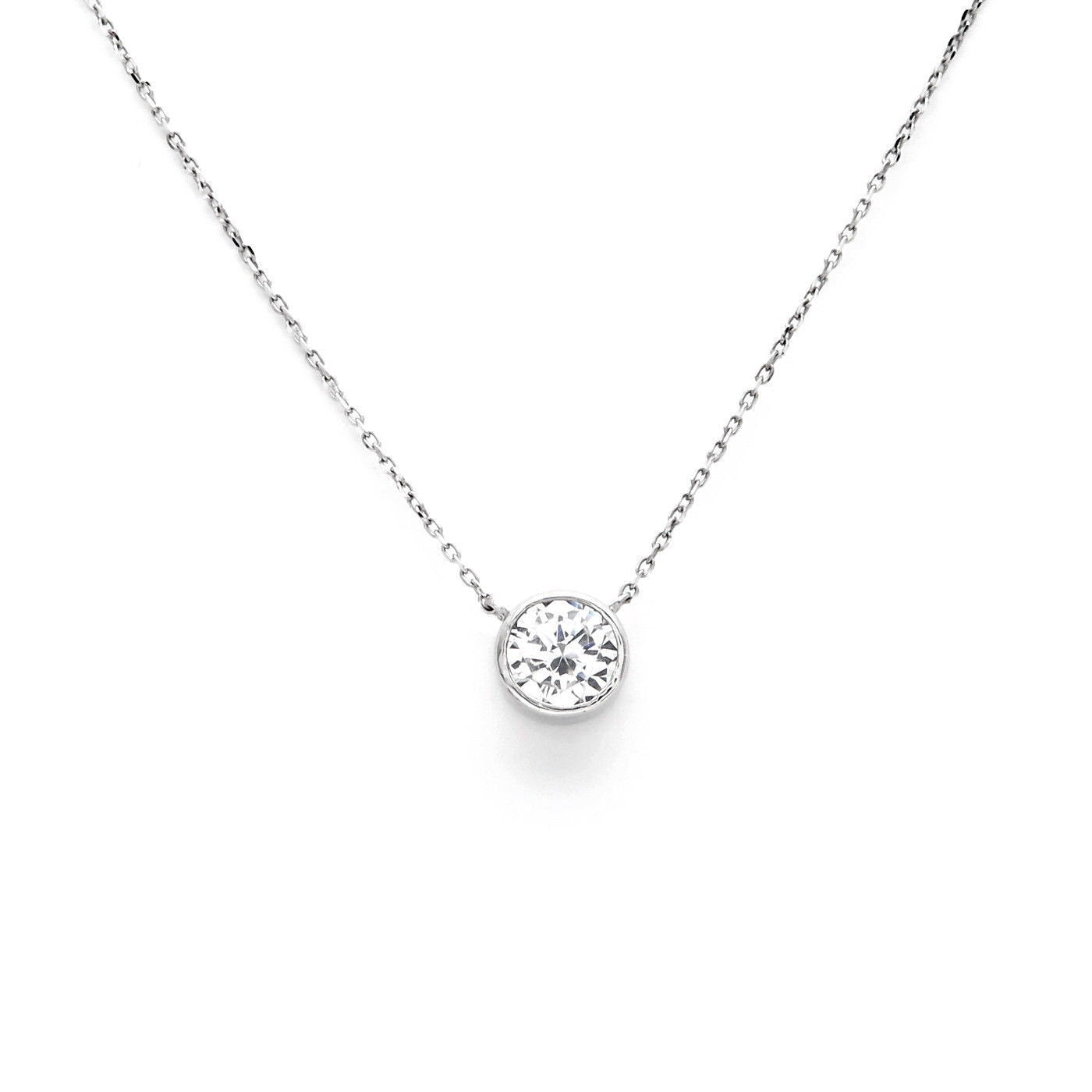 Bezel Necklace 1.00ct Brilliant Created Diamond 16" + 2" Chain Solid 14k Yellow Gold/ 14k While Gold 14K Rose Gold / Pendant Set