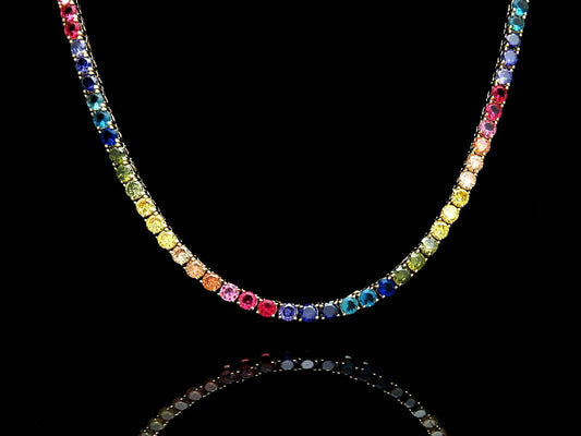 Tennis Necklace 4mm 25.00TCW Round Color Gemstone Rainbow 925 Solid Sterling Silver Chain