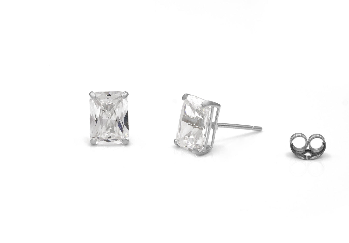 Emerald-Cut Created Diamond Solitaire Earrings Solid 14K Yellow or White Gold Basket Studs, Push-back