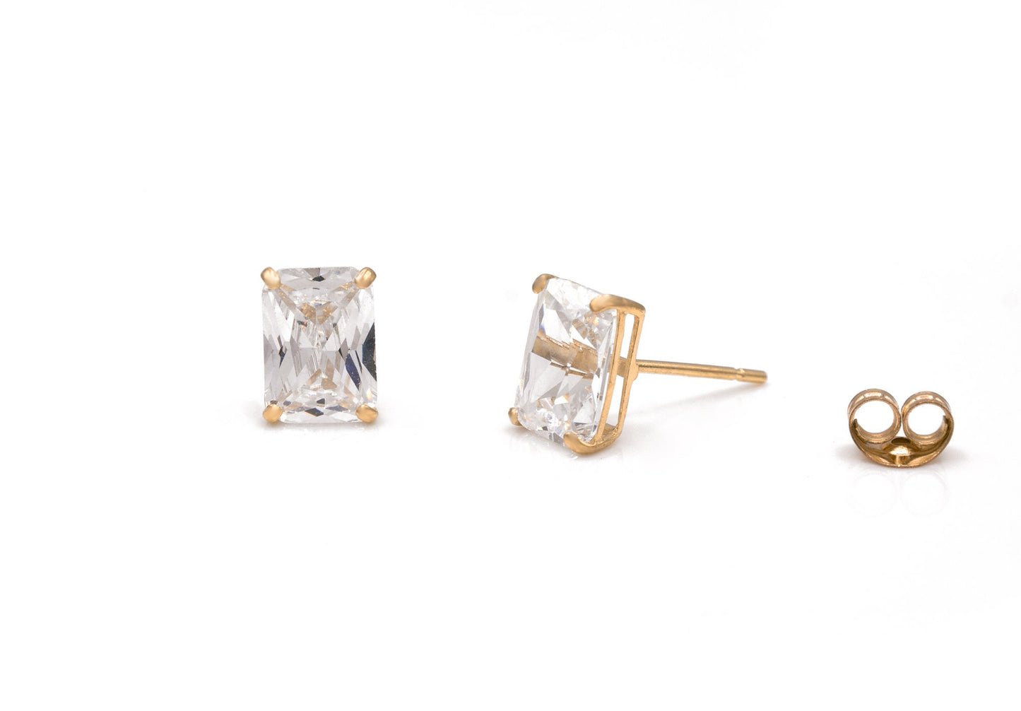 Emerald-Cut Created Diamond Solitaire Earrings Solid 14K Yellow or White Gold Basket Studs, Push-back