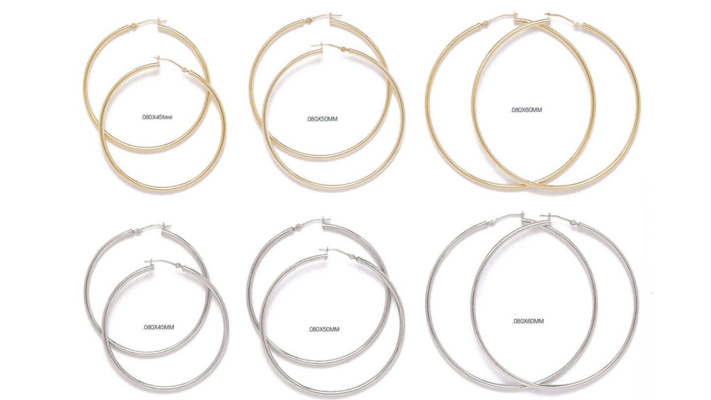 14K Real Gold Earrings Round Hoops Ladie's Hoop Earrings 0.8mm (12mm-60mm)