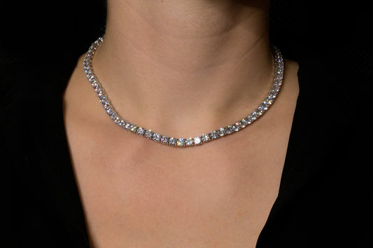 Tennis Necklace 5mm 36.00-67.00TCW Round Created Diamond 925 Solid Sterling Silver Chain