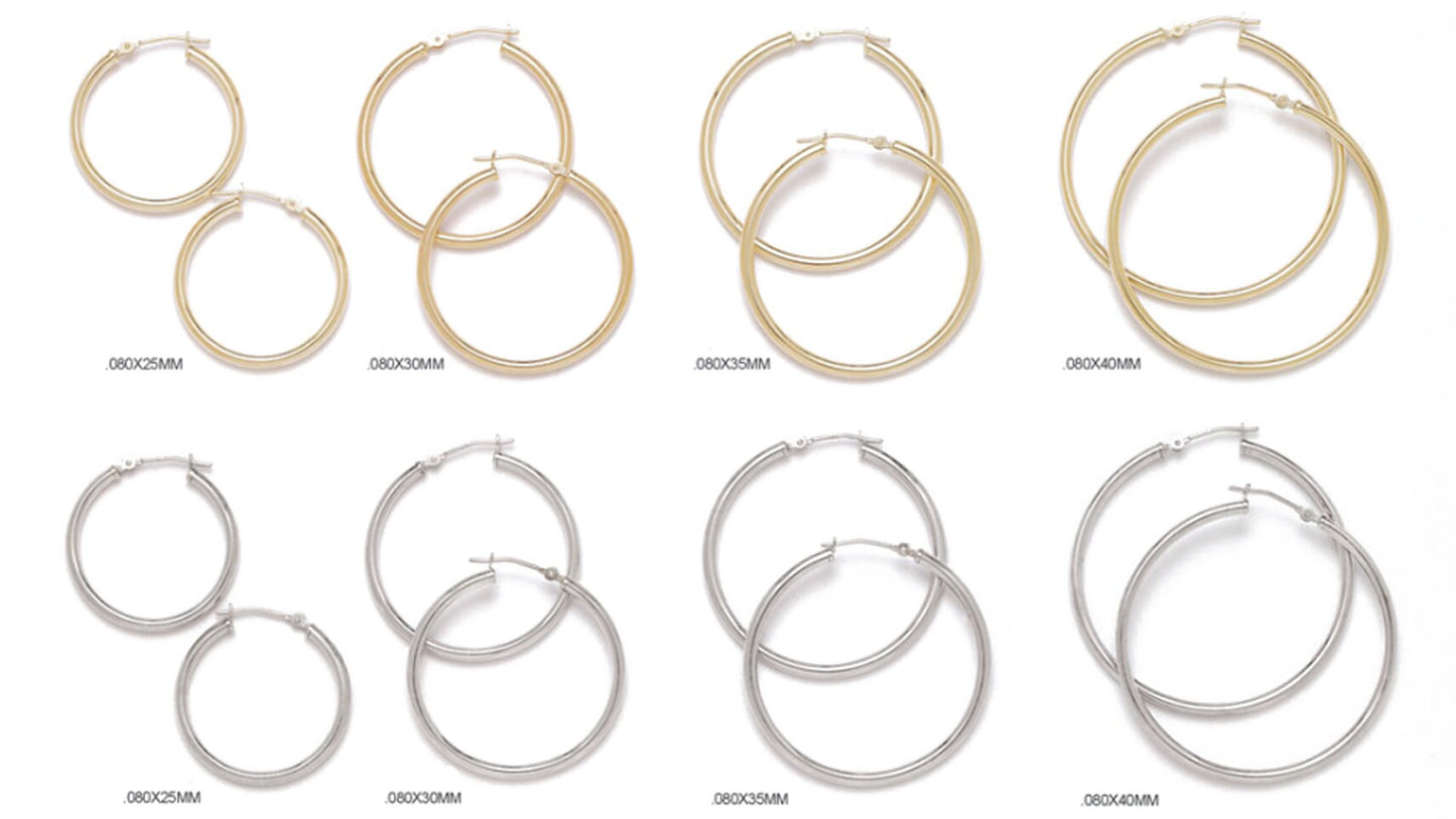 14K Real Gold Earrings Round Hoops Ladie's Hoop Earrings 0.8mm (12mm-60mm)