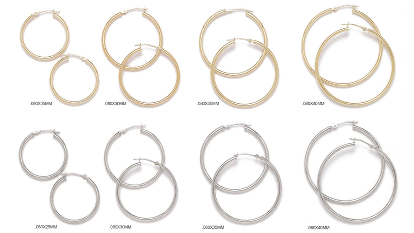 14K Real Gold Earrings Round Hoops Ladie's Hoop Earrings 0.8mm (12mm-60mm)