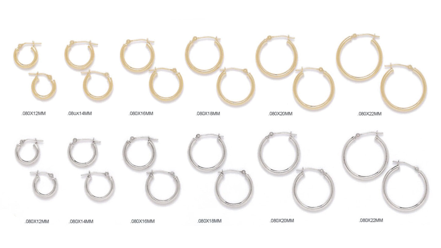 14K Real Gold Earrings Round Hoops Ladie's Hoop Earrings 0.8mm (12mm-60mm)