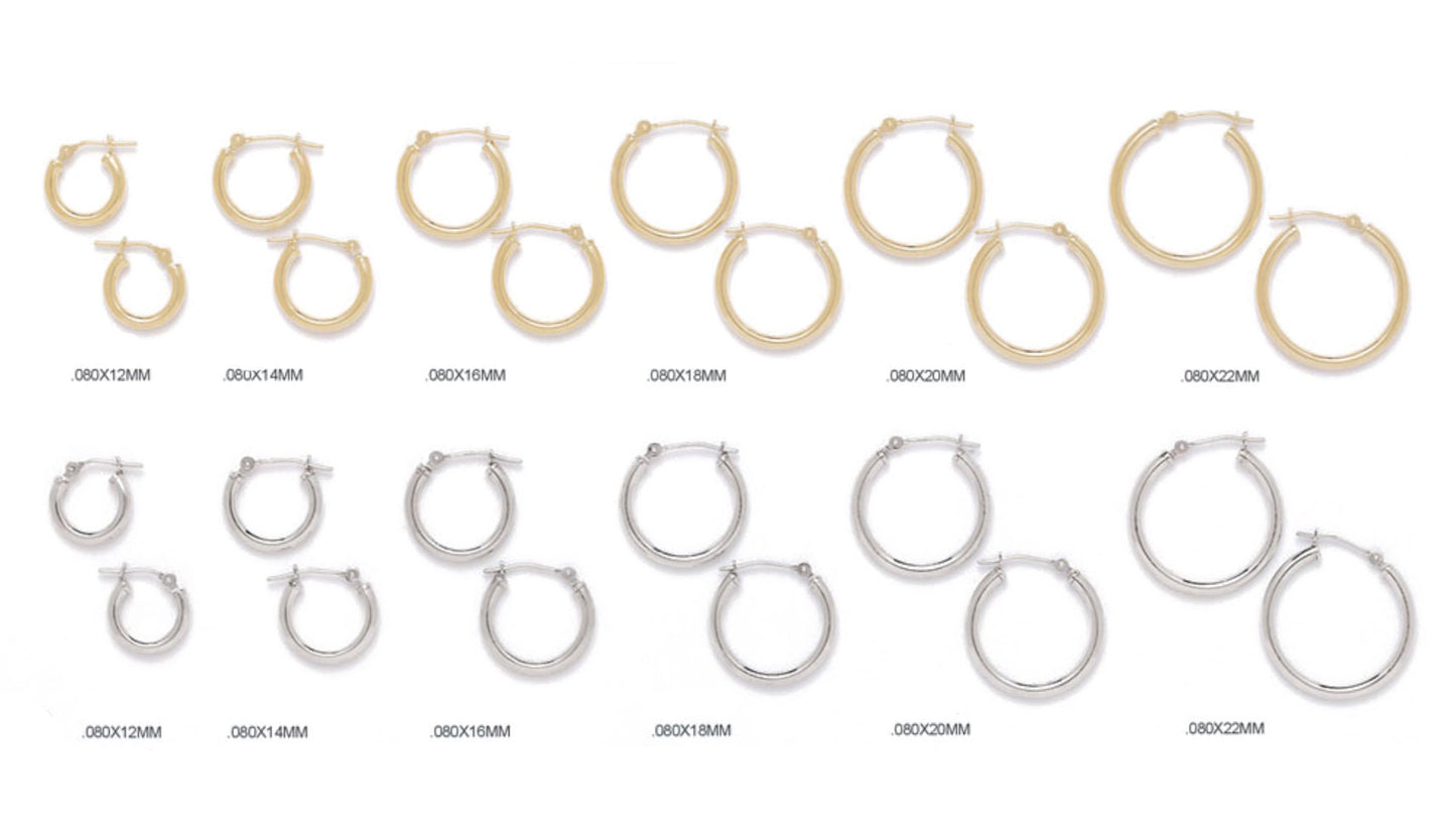 14K Real Gold Earrings Round Hoops Ladie's Hoop Earrings 0.8mm (12mm-60mm)