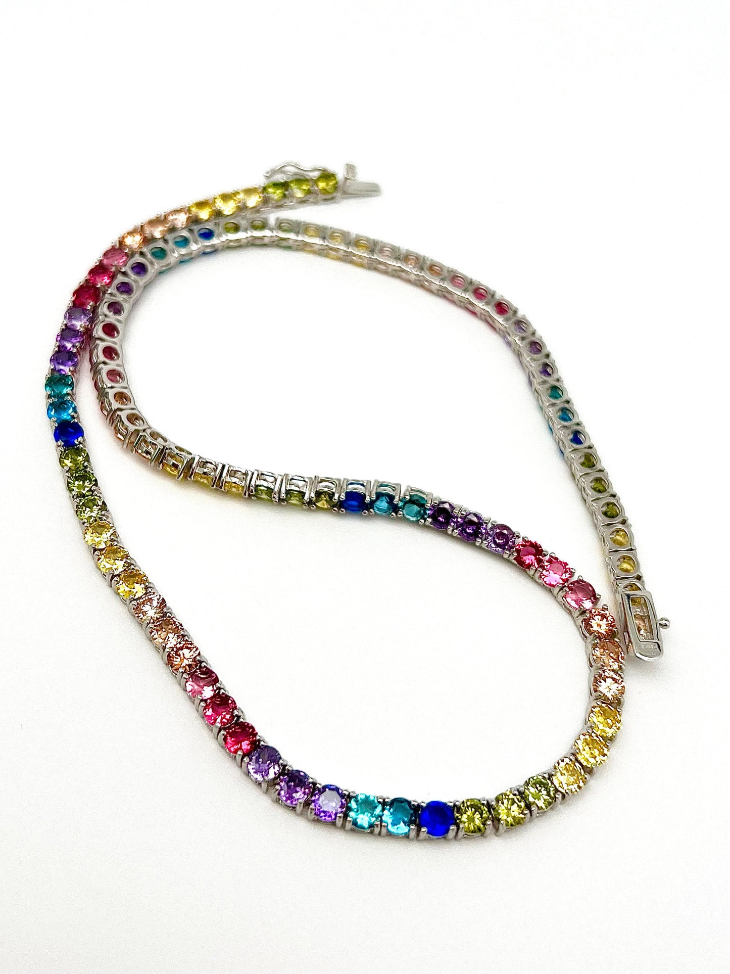 Tennis Necklace 4mm 25.00TCW Round Color Gemstone Rainbow 925 Solid Sterling Silver Chain