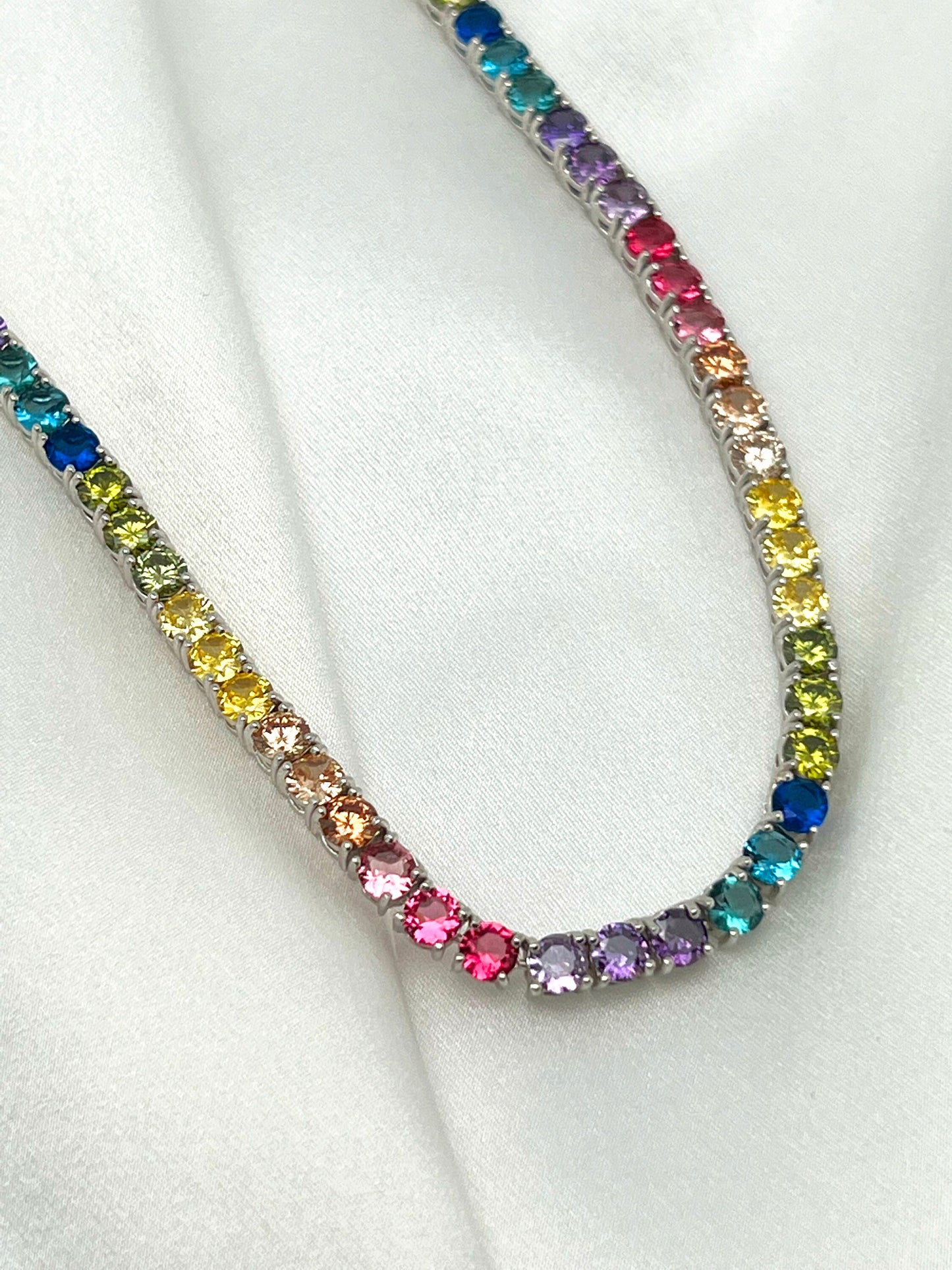 Tennis Necklace 4mm 25.00TCW Round Color Gemstone Rainbow 925 Solid Sterling Silver Chain