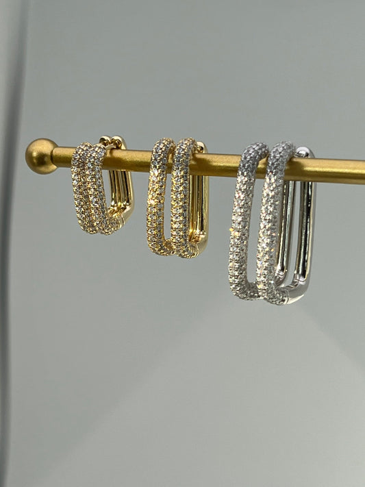 Hoop Rectangular Huggie Earrings Pave Sterling Silver 925/Yellow Gold Tone 925, for men, for women, minimalist