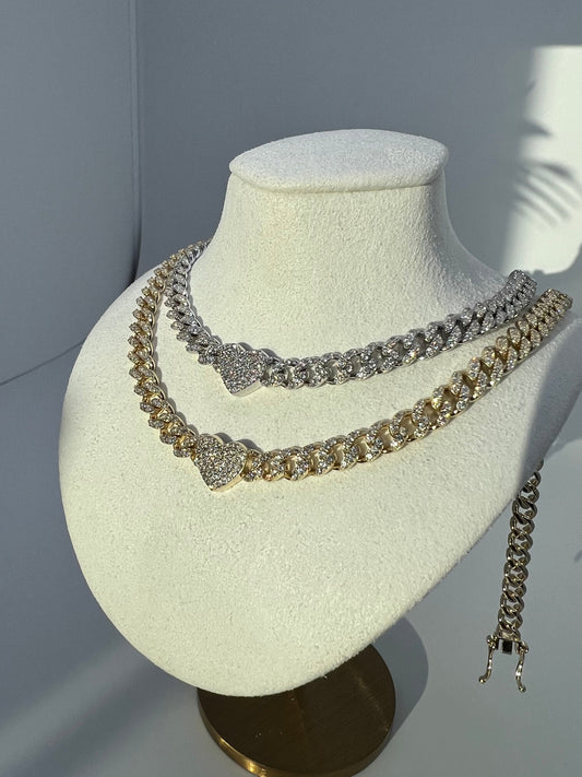 Pave Miami Cuban Curb Link Chain with Heart 6.25mm Created Diamond Necklace Sterling Silver 925 14k Gold Tone 16", for women, for men, wedding