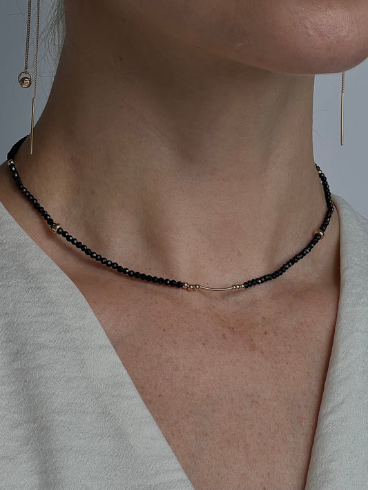 Natural Black Spinel Beaded Necklace Round with 14K Yellow/White Gold clasp and Beads (optional)